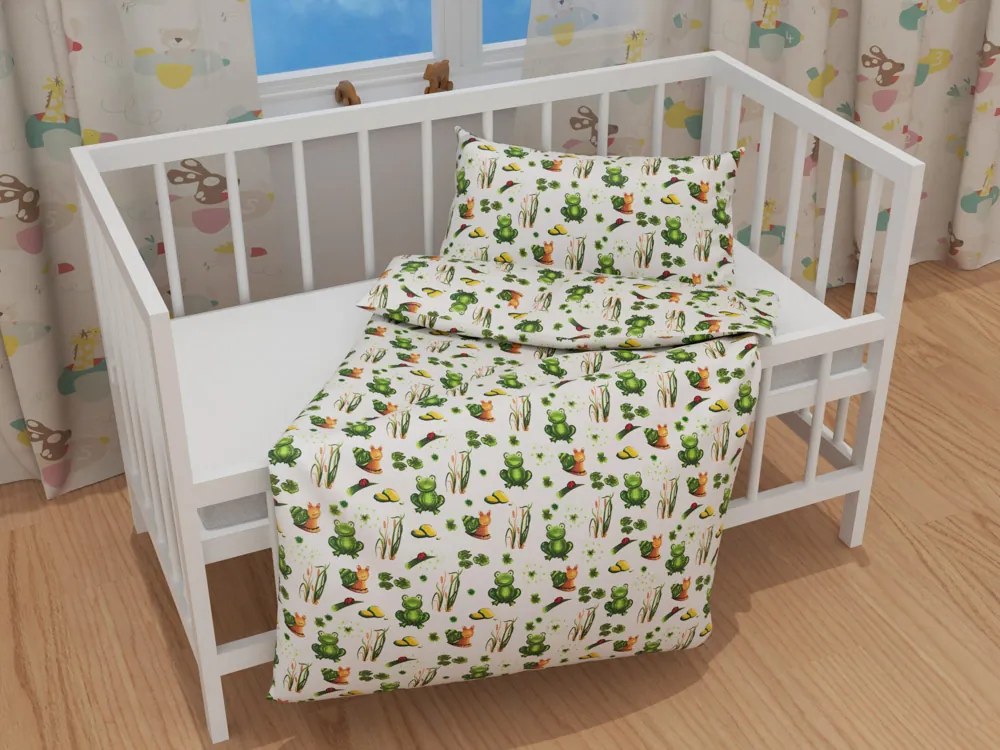 Biante Detské bavlnené posteľné obliečky do postieľky Sandra SA-609 Žabky a slimáky na bielom Do postieľky 100x135 a 40x60 cm