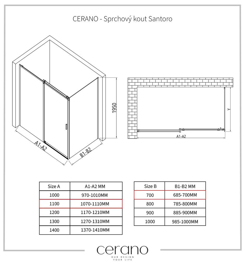 Cerano Santoro, sprchový kút s posuvnými dverami 110(dvere) x 70(stena) x 195 cm, 6mm číre sklo, čierny profil, CER-CER-431482