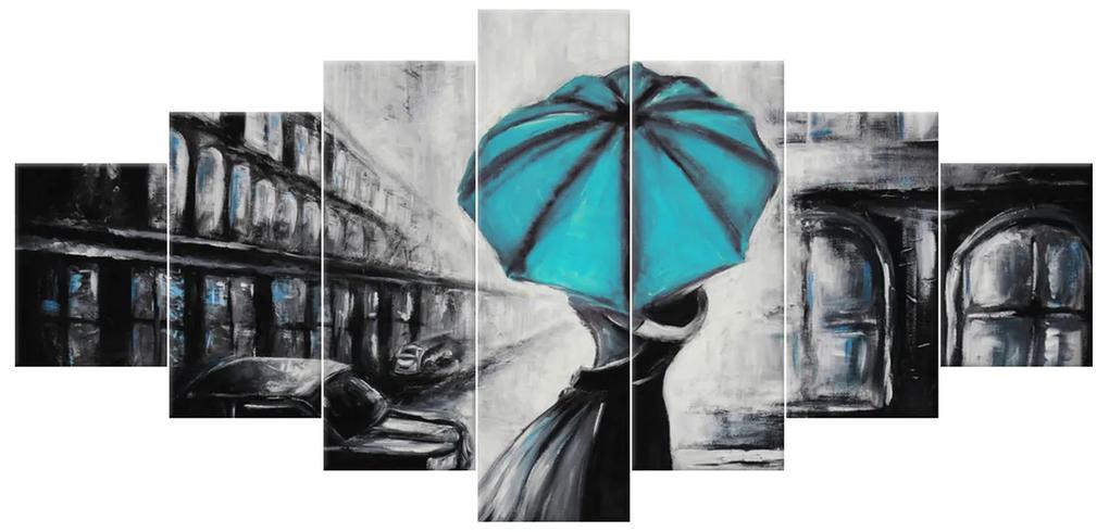 Gario Ručne maľovaný obraz Tyrkysový bozk v daždi - 7 dielny Rozmery: 210 x 100 cm