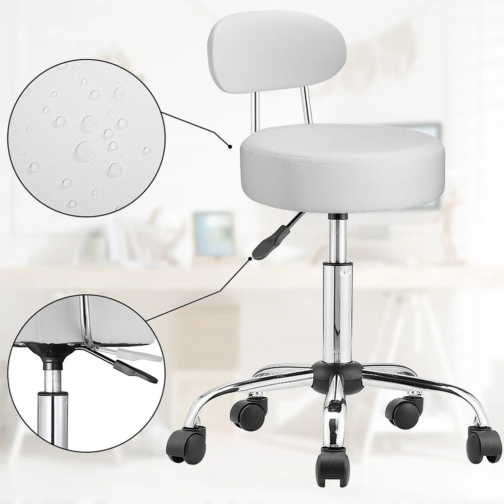 Taburetka na kolieskach s operadlom ROLAND, Ø35cm, biela Casaria