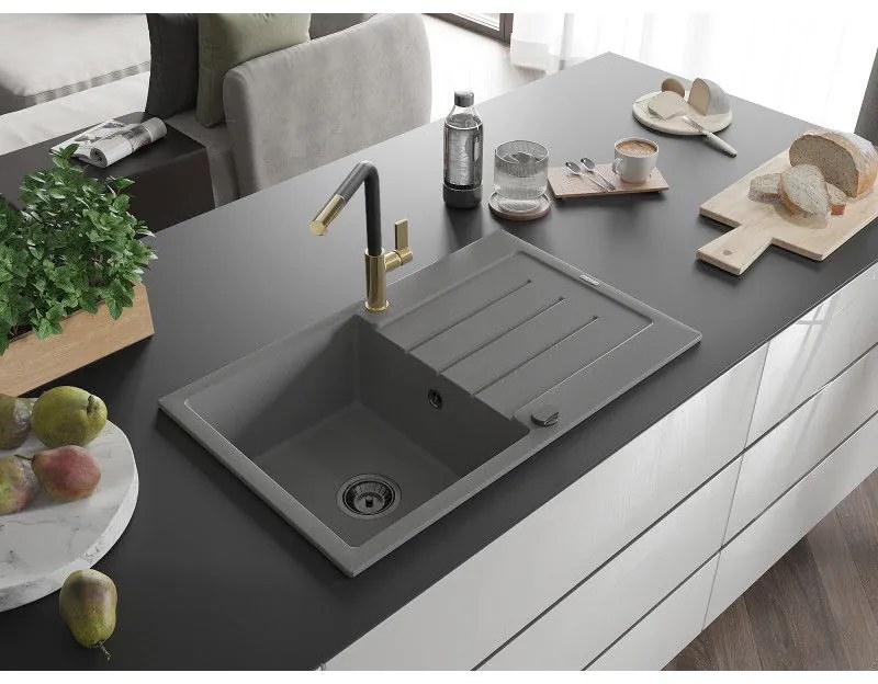 Mexen Bruno, 1-komorový granitový drez 795x495x200 mm a drezová batéria Flora, šedá, 6513-71-670401-57-B