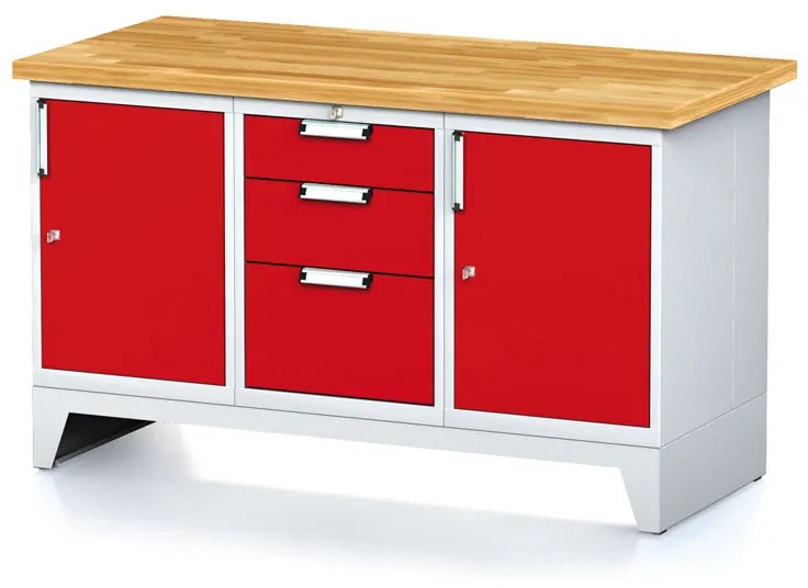 Alfa 3 Dielenský stôl MECHANIC I, 2 skrinky a zásuvkový box na náradie, 3 zásuvky, 1500x685x880 mm, červené dvere