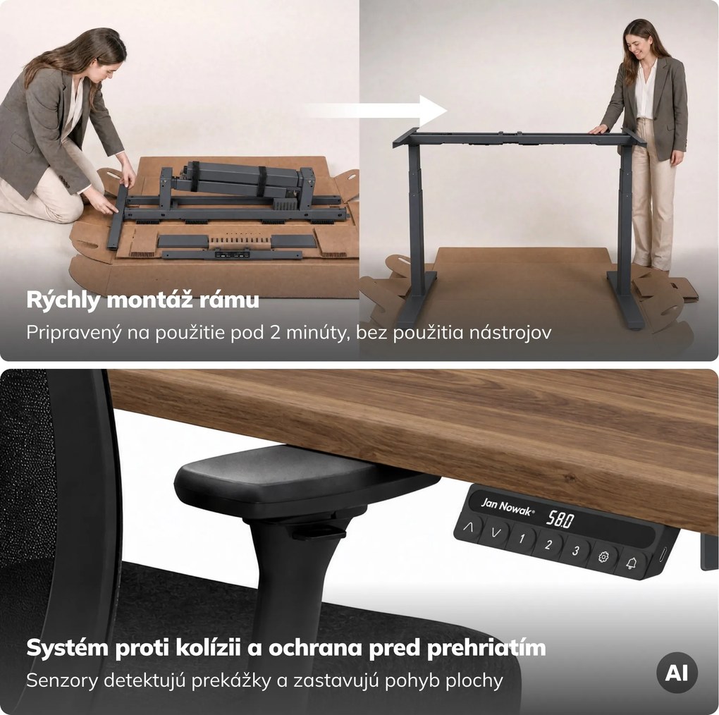 Elektrický stôl s reguláciou výšky ergonomický antracitový/orech,1400x700 mm: ARIA