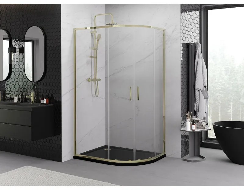 Mexen Exo, posuvný polkruhový sprchový kút 100 x 90 cm, číre sklo, zlatá, 8132-100-090-50-00