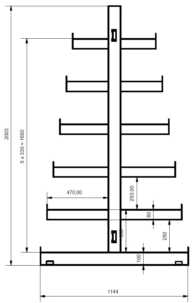 Konzolový regál, obojstranný, stromčekový, 2000 x 1380 x 1144 mm, 6 poschodí