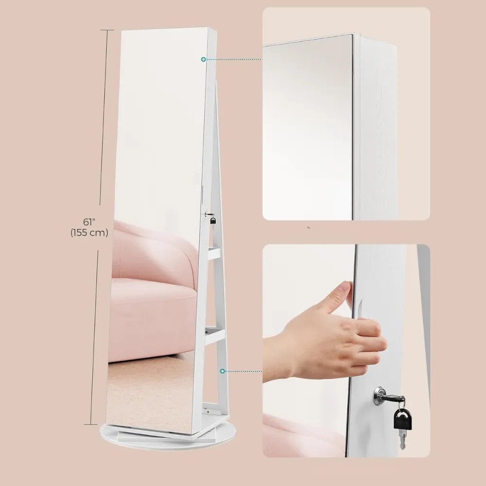 Zrkadlo so stojanom a priestorom na šperky CHANTAL, 54,5x54,5x162cm, biela SongmicsHome