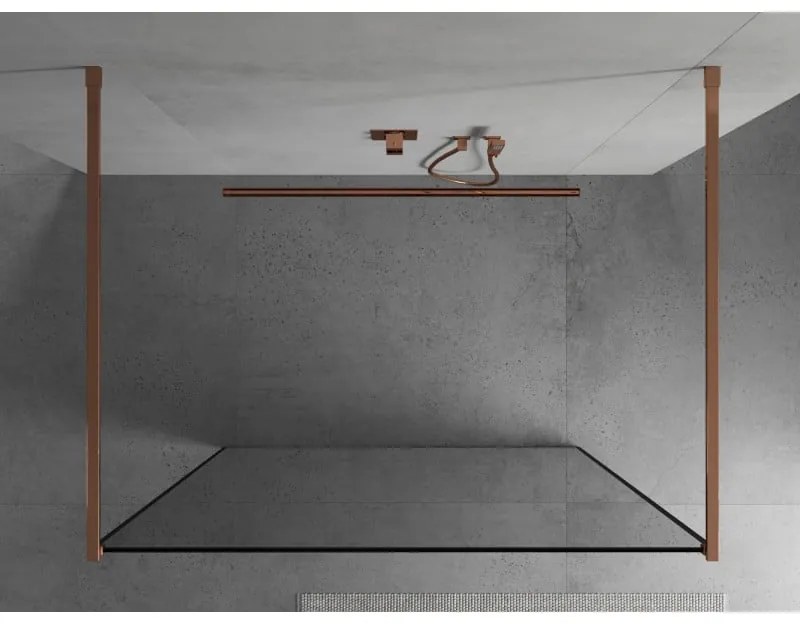 Mexen Kioto, priechodná sprchová zástena 120 x 200 cm, 8mm sklo číre s čiernym rámom, 2x zlatá stabilizačná rozpera, profil ružové zlato, 800-120-002-60-70