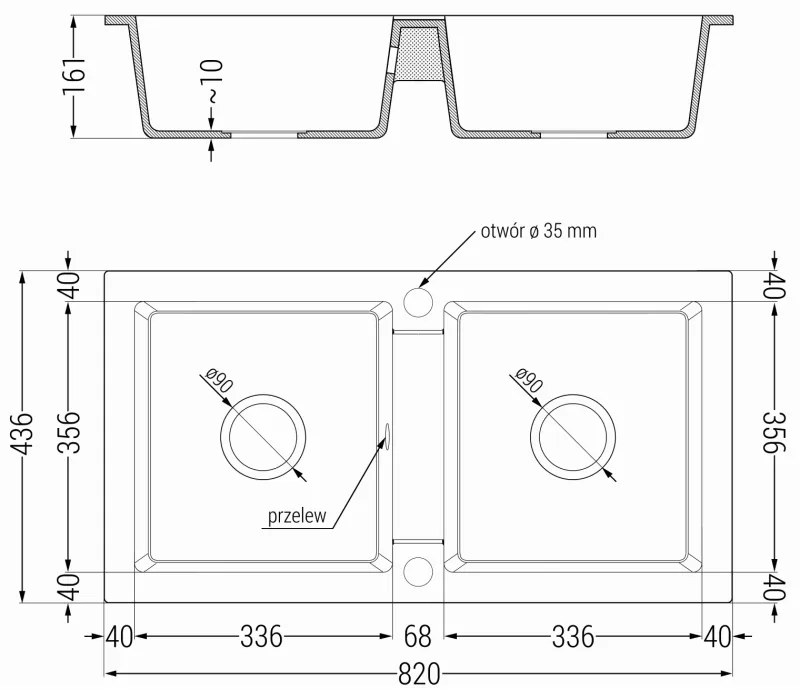 Mexen Mario, granitový drez 820x436x161 mm, 2-komorový, čierna s čiernym sifónom a zlatá drezová batéria Rita, 6504-77-670300-50