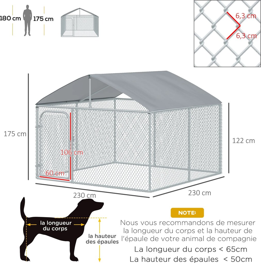 PawHut 5m² Externý Výbeh pre Psov s Strechou - 230 x 230 x 175 cm Siete - Kryté Priestranstvo - Pozinkovaná Oceľ | Aosom