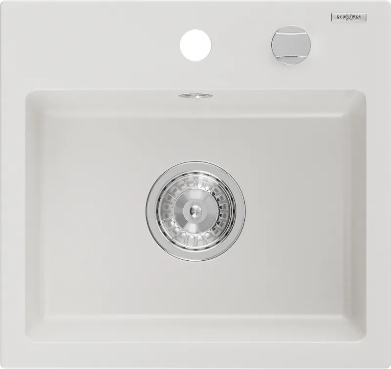Mexen Milo granitový kuchynský drez 1-komorový 435 x 410 mm, biely, chrómová sifón - 6505441000-20