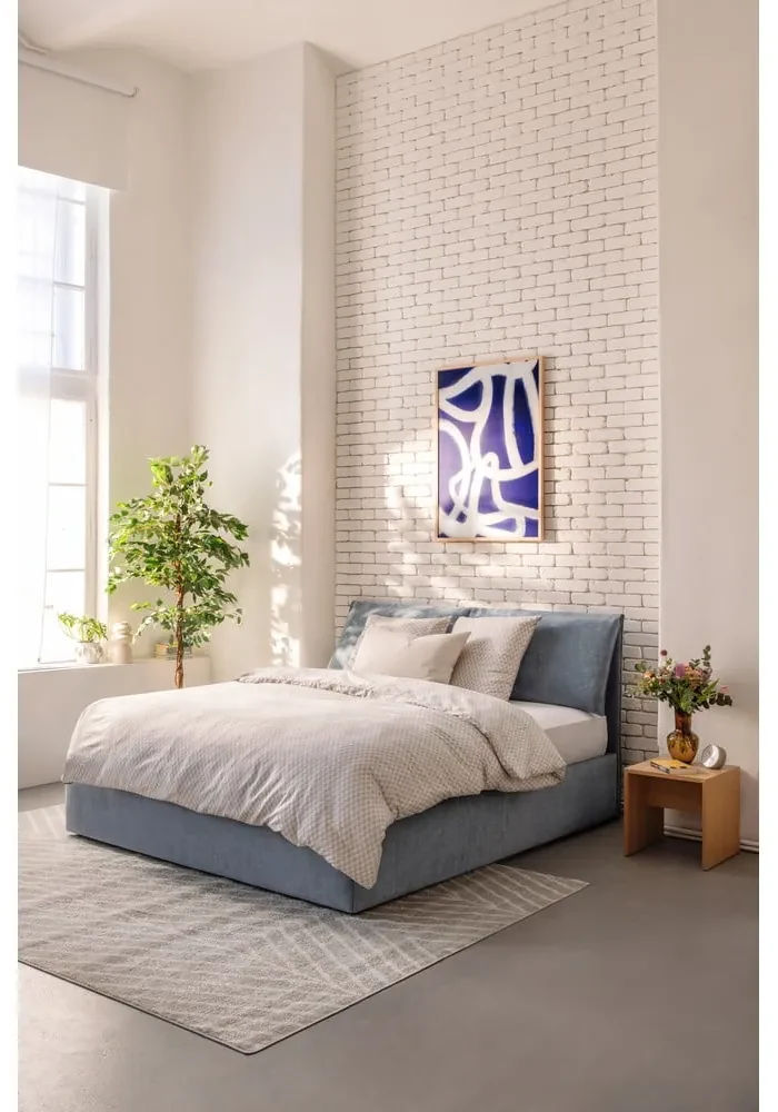 Modrá čalúnená dvojlôžková posteľ s úložným priestorom s roštom 160x200 cm Thessa Pillow – Bonami Selection