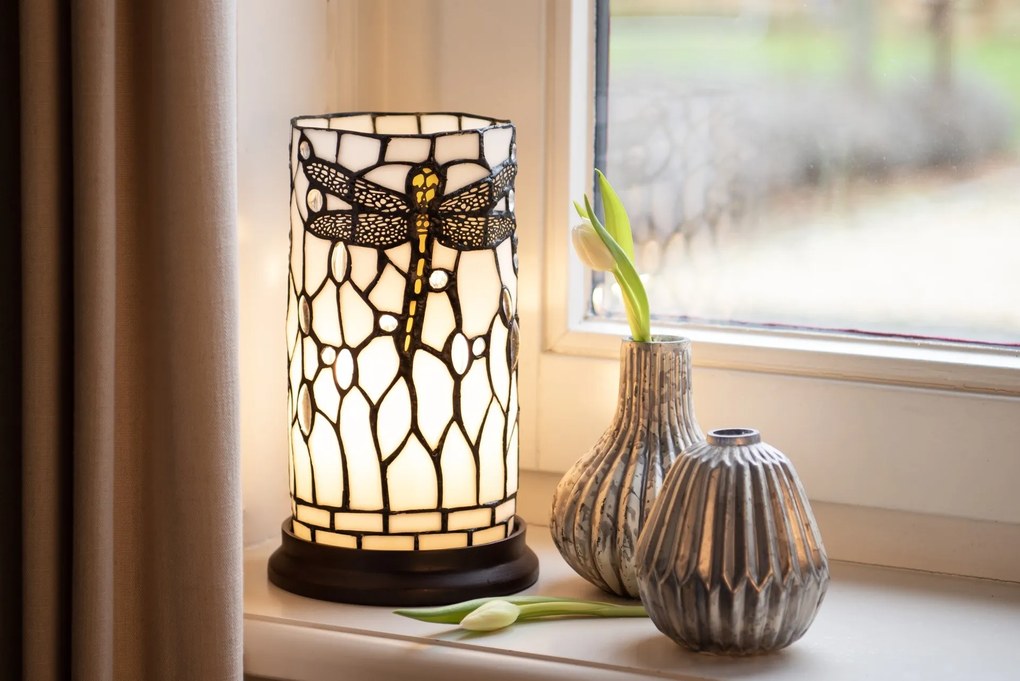 Biela valcovitá stolná lampa Tiffany s vážkou DragonFly - Ø 15*26 cm E14/max 1*40W