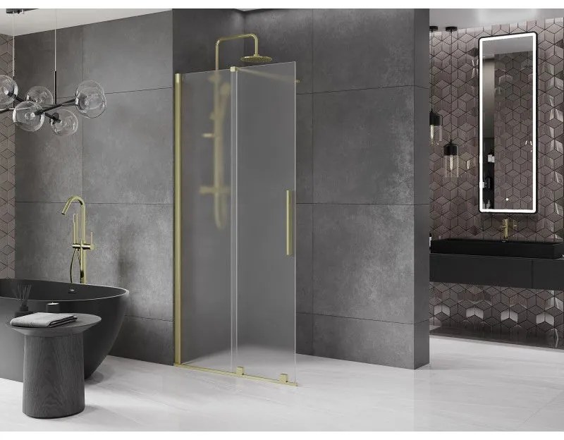 Mexen Velar, sprchová zástena s posuvnými dverami Walk-in 90 x 200 cm, 8mm sklo námraza, zlatá matná, 871-090-000-33-55