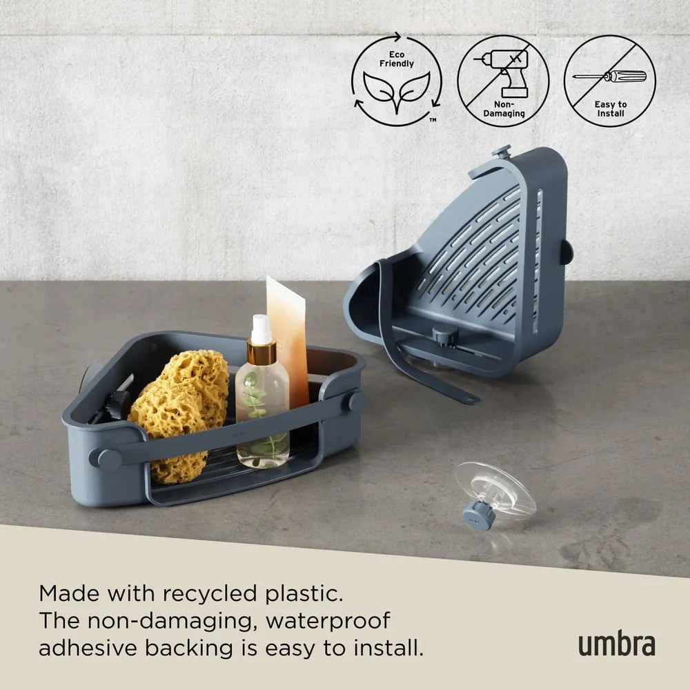 Rohová modrá kúpeľňová polička z recyklovaného plastu bez vŕtania Flex – Umbra