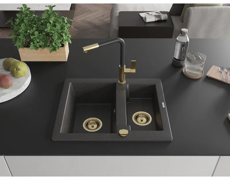 Mexen Carlos, 1,5-komorový granitový drez 582x475x177 mm a drezová batéria Flora, čierna škvrnitá, 6518-76-670401-57-G