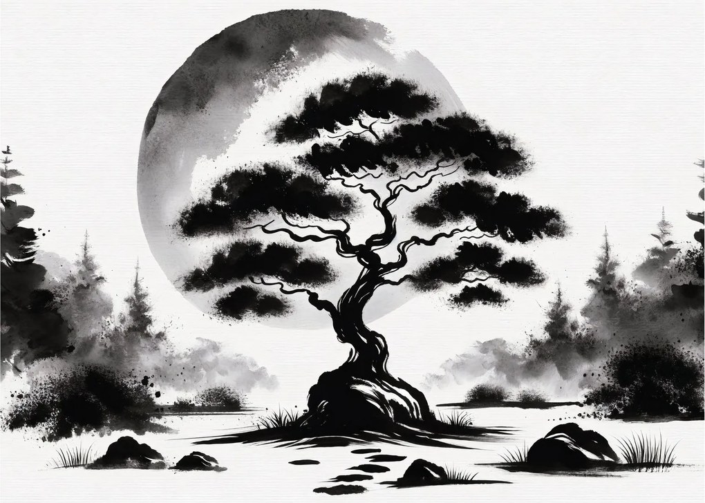 Sklenený obraz – Čiernobiela bonsai (70x50 cm)