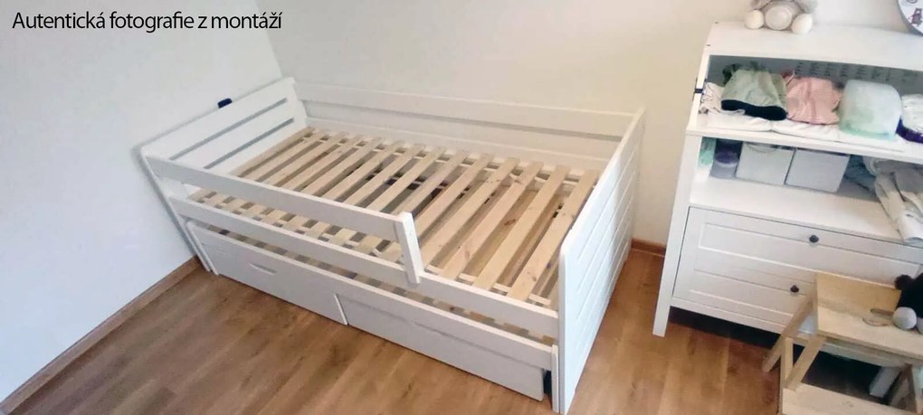 Detská posteľ z masívu borovice TOMÁŠ II s prístelkou a šuplíkmi - 200x90 cm - biela