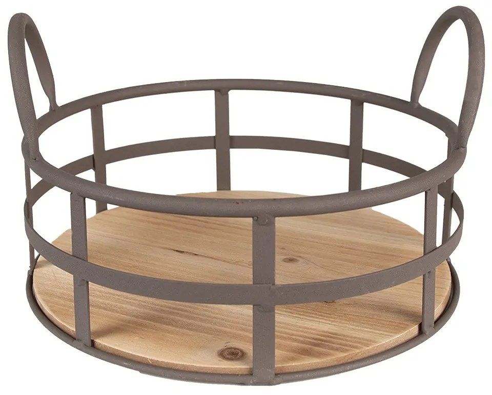 Hnedý kovový úložný kôš s držadlom a dreveným dnom - Ø 25*9/15 cm