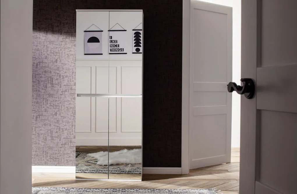 Zrkadlová viacúčelová skriňa s policami Mirror, 74 cm, biela