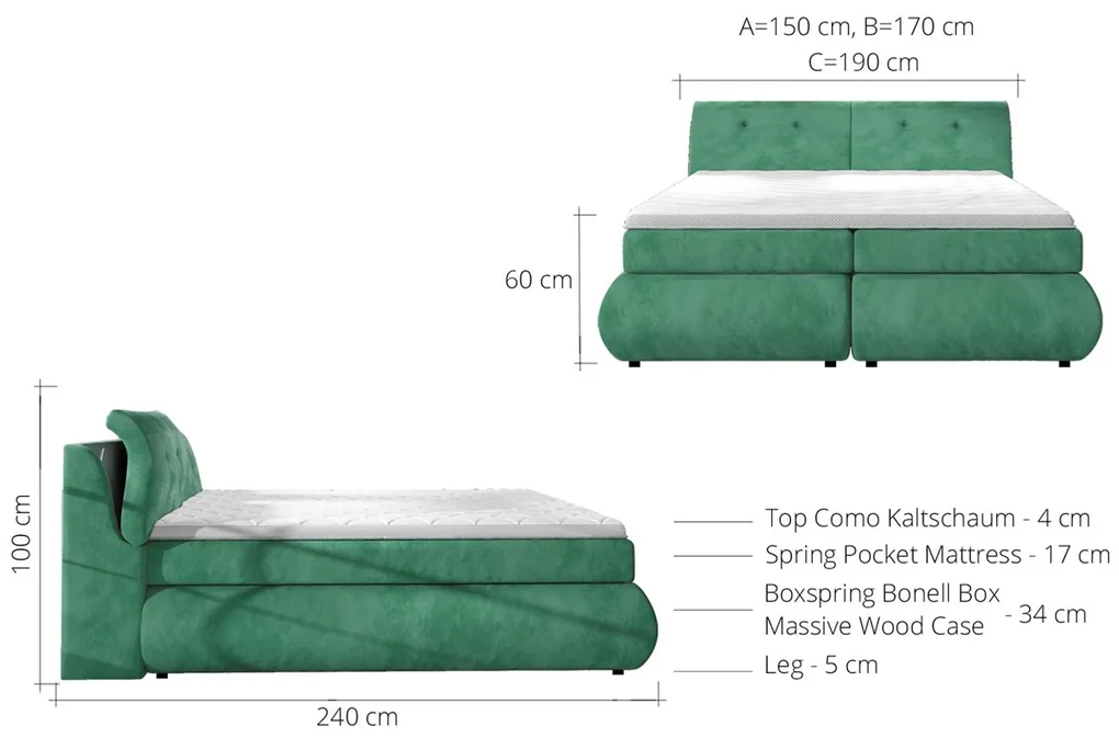 Luxusná box spring posteľ Amaron 160x200, sivá Monolith