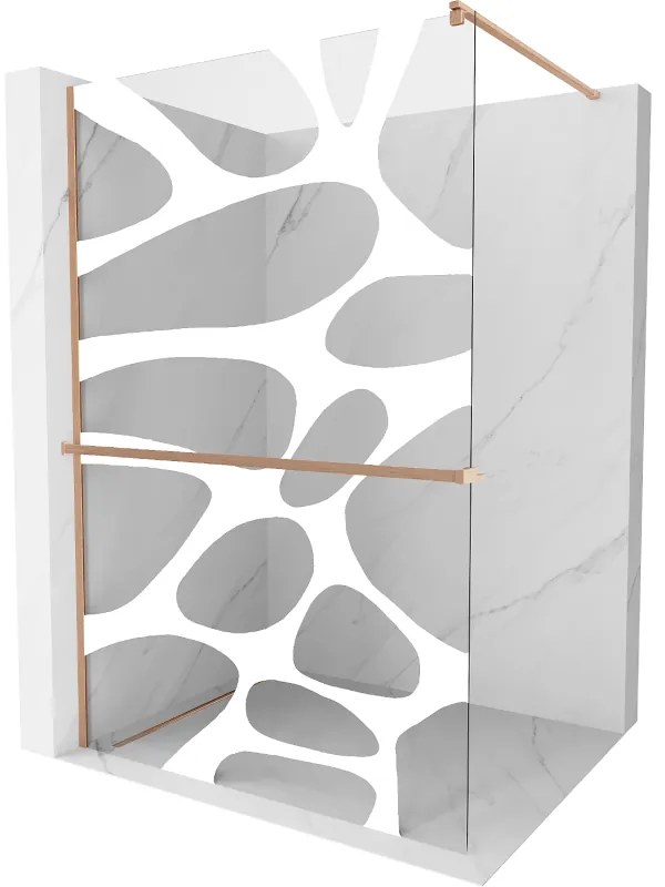 Mexen Kioto+, sprchová zástena Walk-In s poličkou a vešiakom 140 x 200 cm, 8mm číre sklo biely vzor, medený matný profil, 800-140-121-65-97