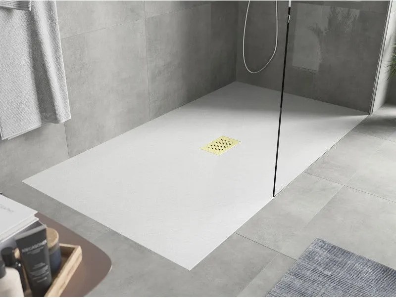 Mexen Hugo, obdĺžniková sprchová vanička SMC 150 x 100 cm, biela, zlatá krytka, 42101015-G