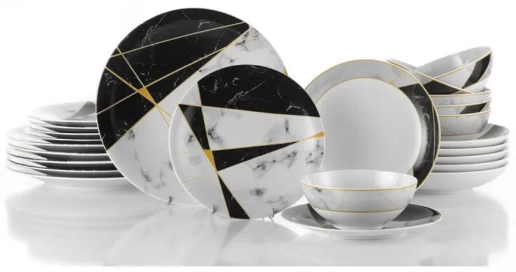 Porcelánová sada 24 ks talířů Glamour černá/bílá/zlatá