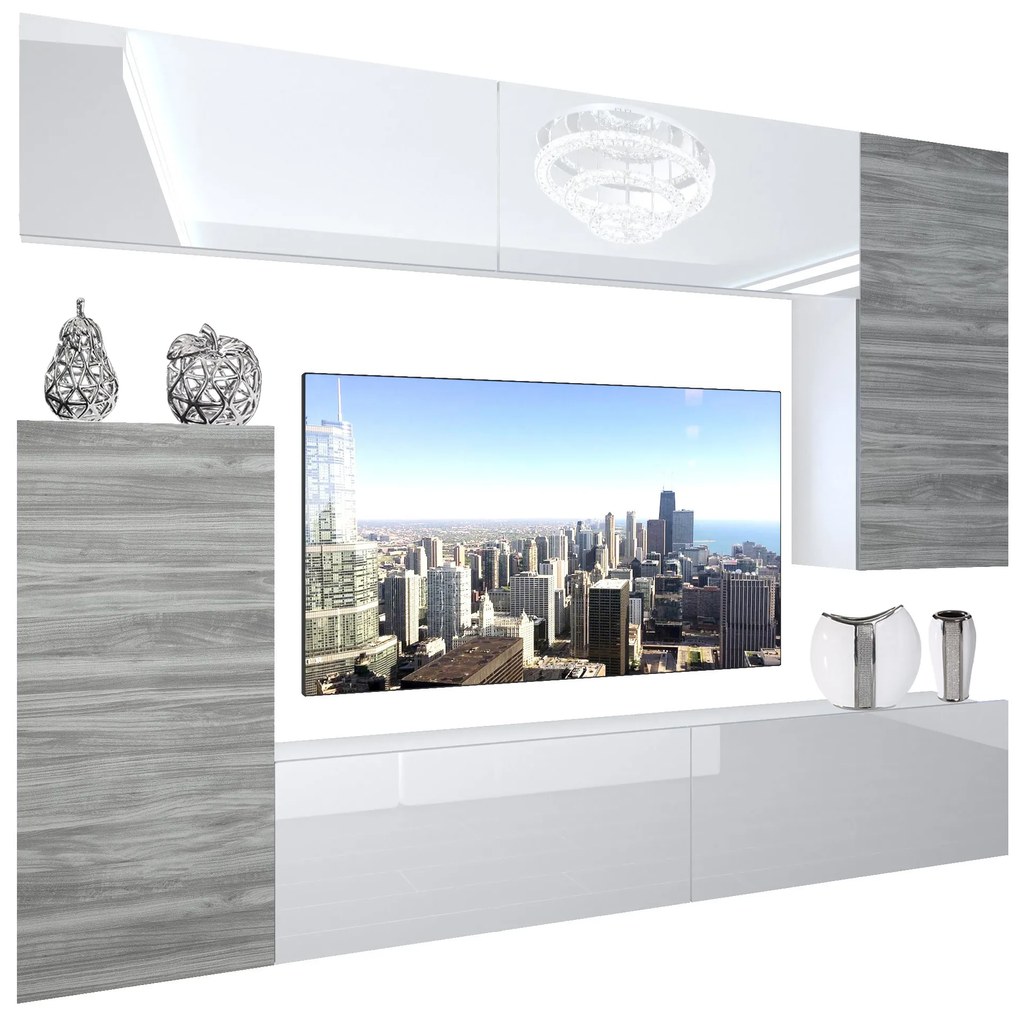 Obývacia stena Belini Premium Full Version biely lesk / šedý antracit Glamour Wood + LED osvetlenie Nexum 119