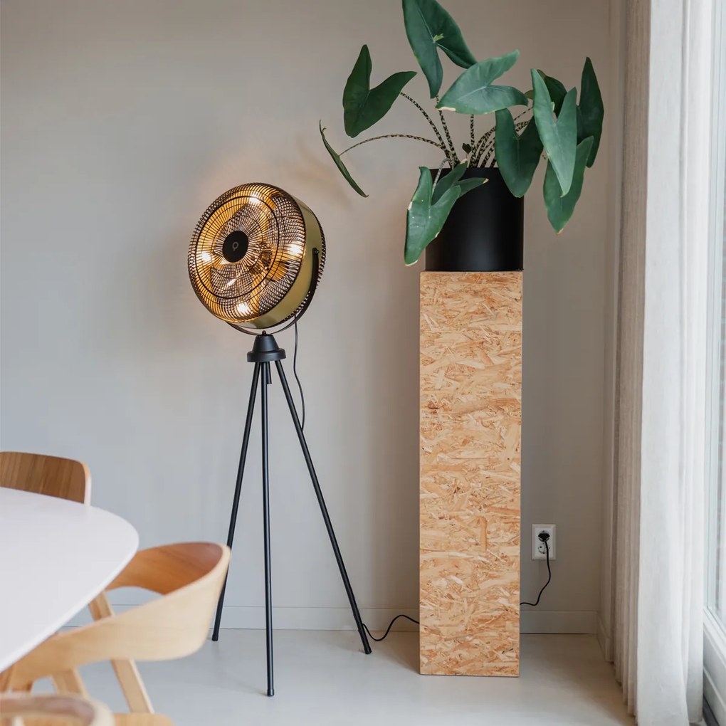 Stojanový ventilátor čierny so zlatou farbou, 4 svetlá, stmievateľný - Kim