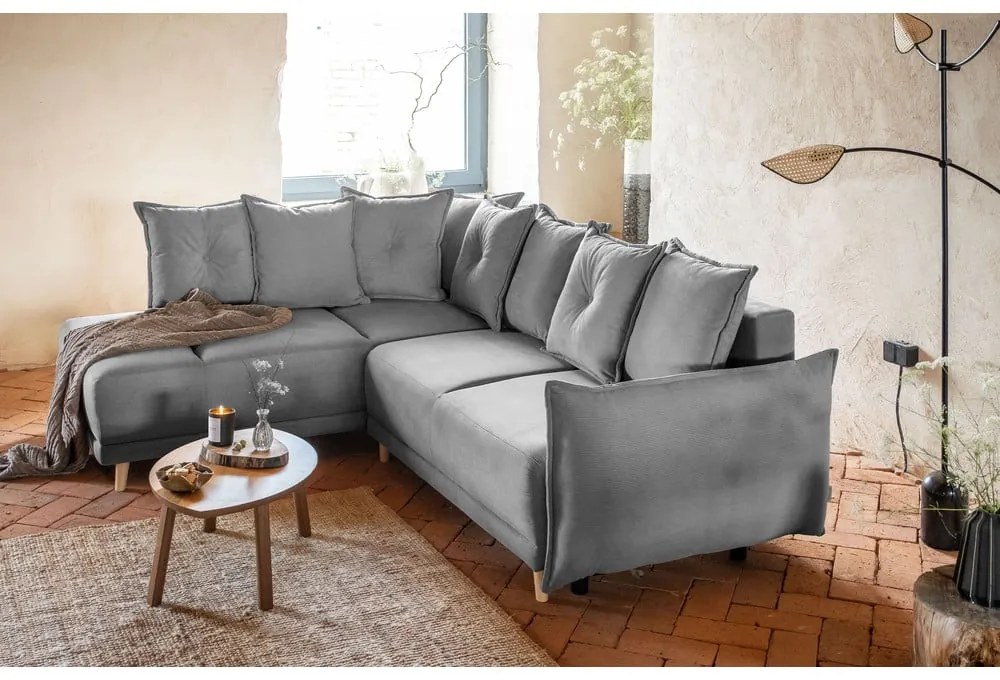 Sivá menčestrová rozkladacia rohová pohovka (ľavý roh) Lazy Lukka – Miuform