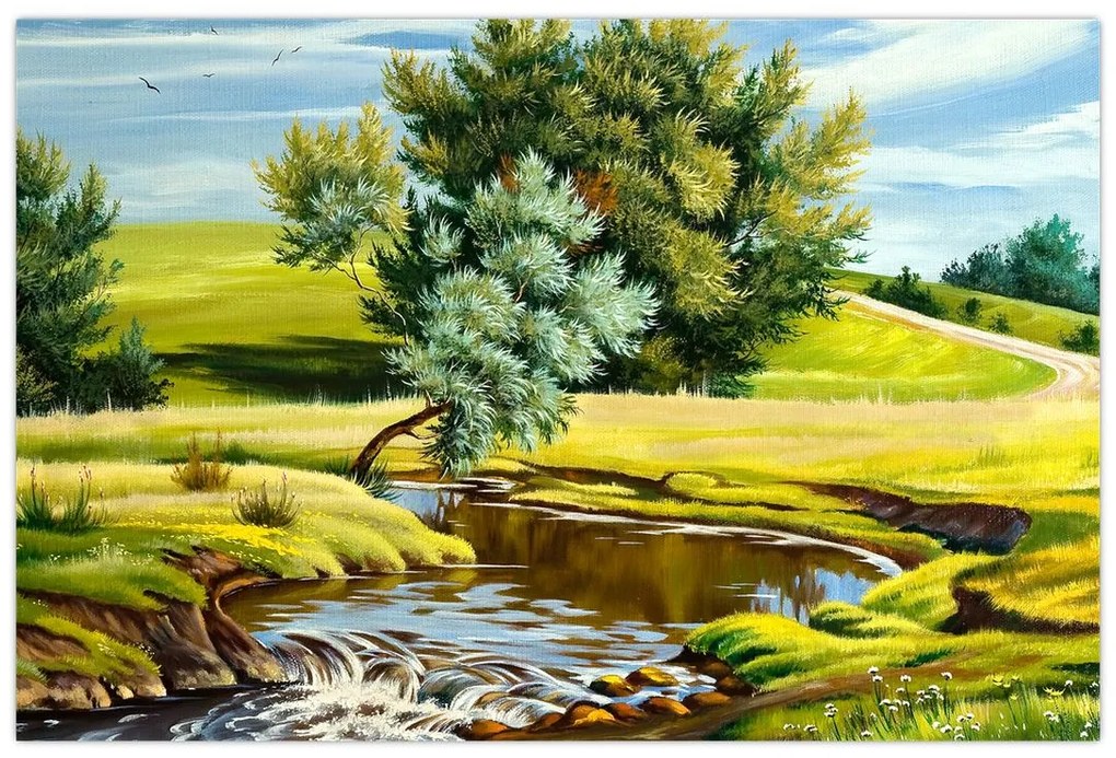 Obraz - Rieka medzi lúkami, olejomaľba (90x60 cm)