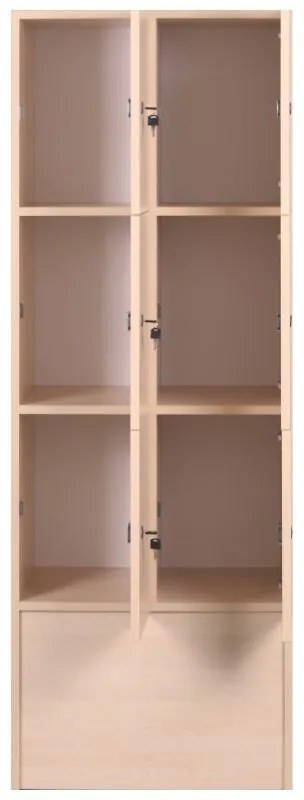 Drevená odkladacia skrinka s úložnými boxami, 6 boxov, 1700 x 600 x 420 mm, cylindrický zámok, breza