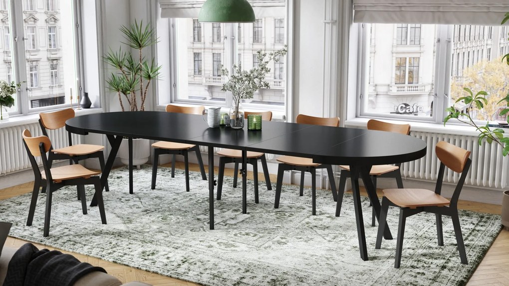EXPANSO Čierny mat / čierne nohy - VEĽKÝ OKRÚHLY STÔL Ø110 ROZKLADACÍ AŽ DO 310 cm S NOHAMI Y LOFTOVÝ / INDUSTRIÁLNY