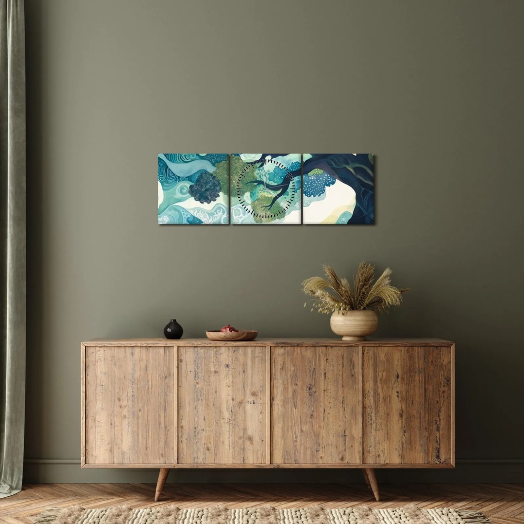Obraz – Zelená koruna stromu života (s hodinami) (90x30 cm)