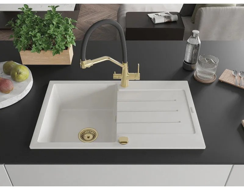 Mexen Bruno, 1-komorový granitový drez 795x495x200 mm a drezová batéria Duo, biela, 6513-20-671701-57-G