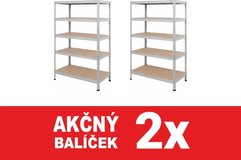 Akcia 2x Regál 180x90x40 cm pozinkovaný, 5-policový, nosnosť 1000 kg, RIVET - 2ks