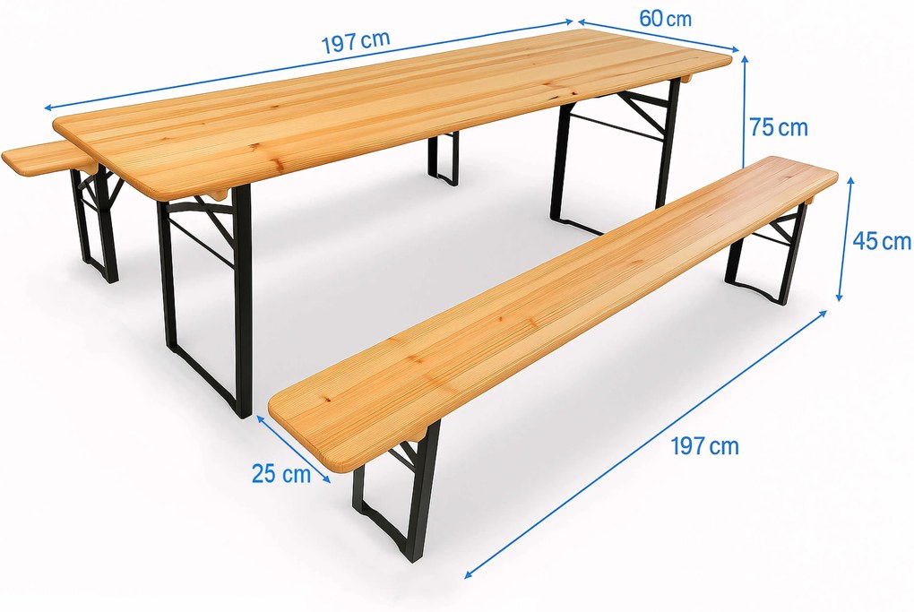 Pivný set 197x60 cm – Záhradný stôl s lavicami pre 8 osôb | Masív + kov - 197cm x 60cm -