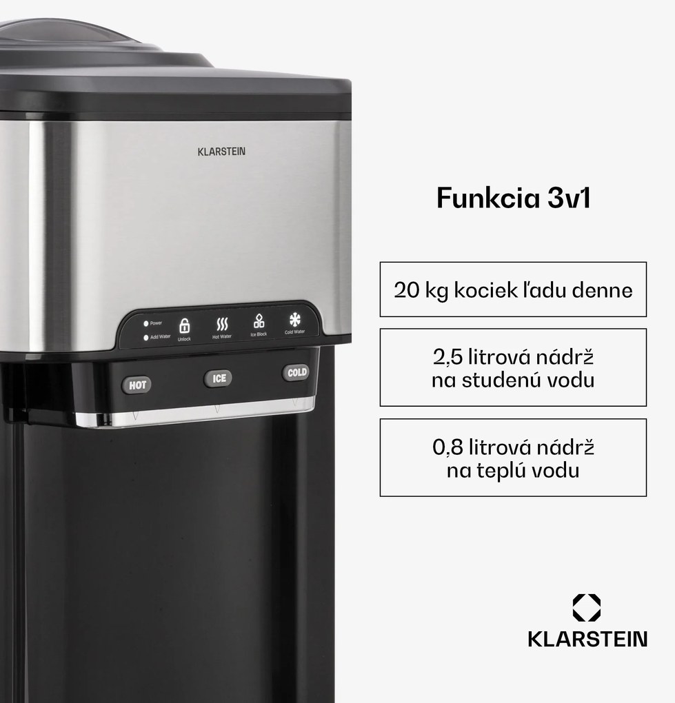 Klarstein Aqueous, výrobník ľadu 3 v 1, kocky ľadu, 20 kg/24h, dávkovač vody: horúca a studená