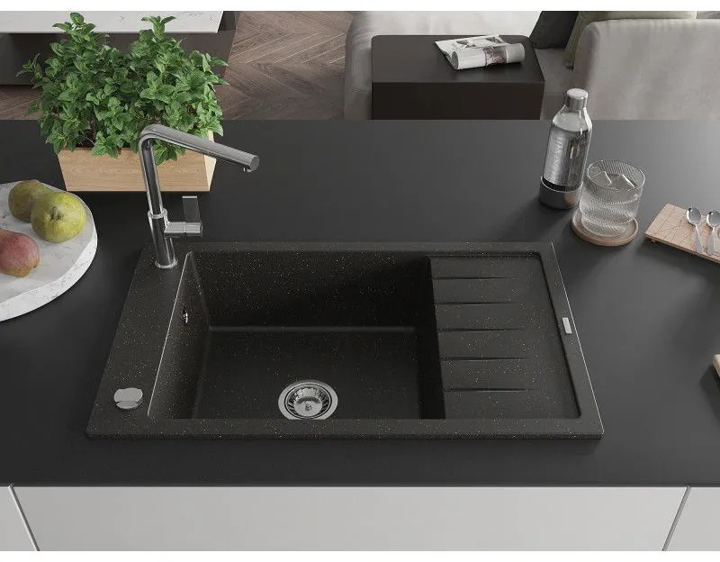 Mexen Elias, 1-komorový granitový drez 795x480x200 mm a drezová batéria Flora, čierna-zlatá metalíza, 6511-75-670401-00
