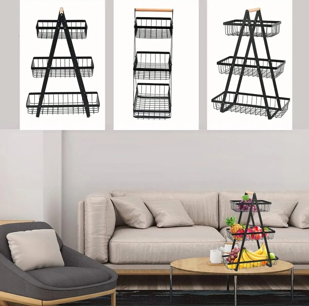 Kovový košík na ovocie PULOS - 3poschodový - čierny