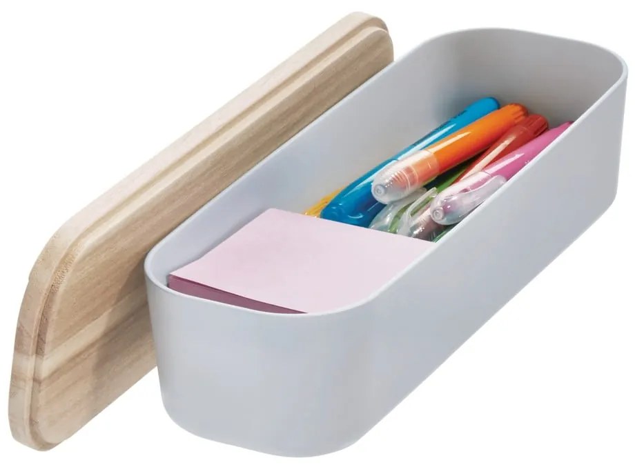 Sivý úložný box s vekom z dreva paulownia iDesign Eco, 9 x 27,5 cm