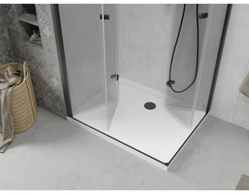 Mexen Lima Duo, sprchovací kút s 2-krídlovými skladacími dverami 80 (dvere) x 70 (dvere) cm, 6mm číre sklo, čierny profil + slim sprchová vanička 5cm biela s čiernym sifónom, 856-080-070-70-02-4010B