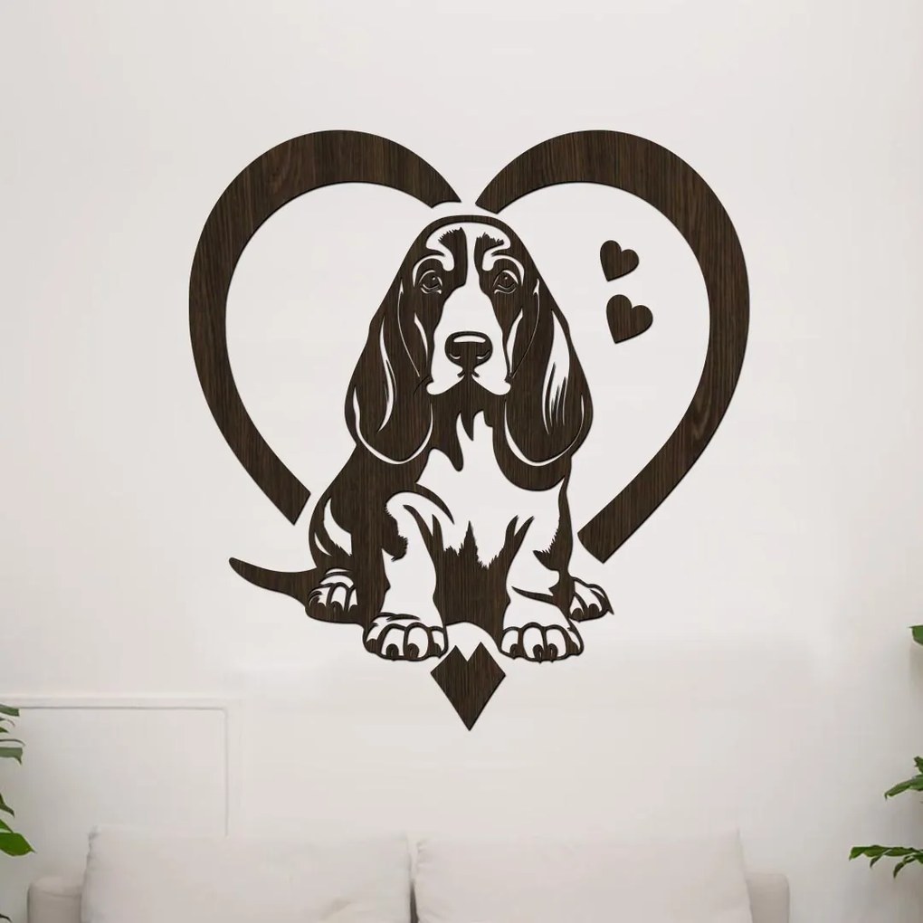 dřevo života Drevená samolepka psa Basset hound v srdci Rozmery - cm: 37x40, Zvoľte farbu dekoru: Wenge