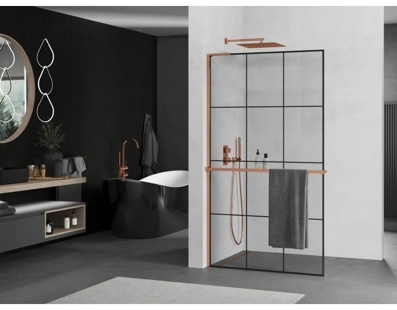 Mexen Kioto+ L, sprchová zástena Walk-In s poličkou a vešiakom 100 x 200 cm, 8mm číre sklo čierny vzor, ružové zlato profil, 800-100-123-60-77