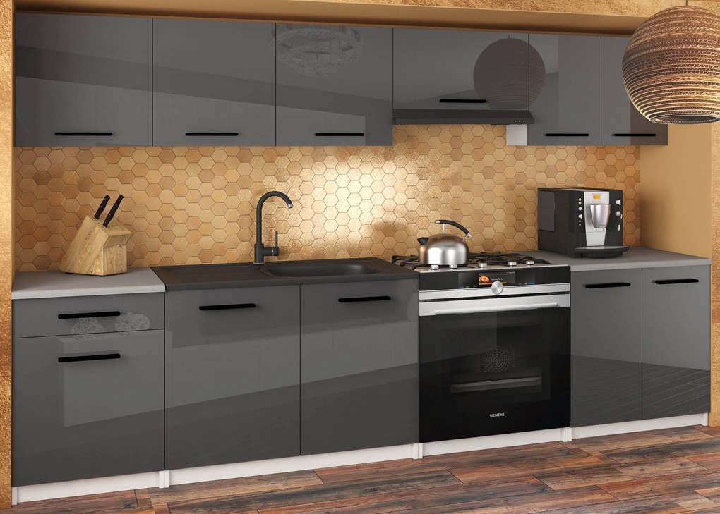 Kuchynská linka Belini 240 cm šedý lesk s pracovnou doskou Uniqa2 INF UNIQA2/5/WT/S/0/B1