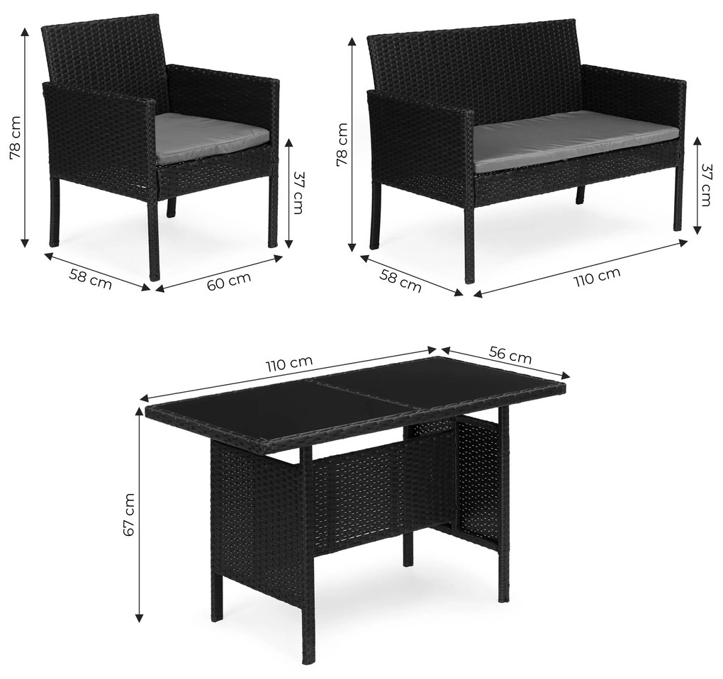 Sada záhradného nábytku z technorattanu, lavica, stôl, stoličky, čierna, MultiGarden