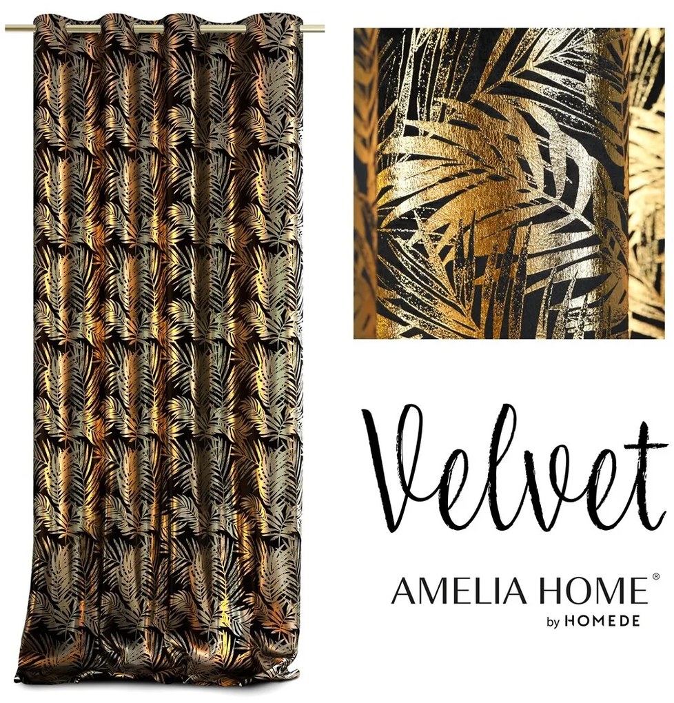 Záves AmeliaHome Velvet Golden Leaves čierna