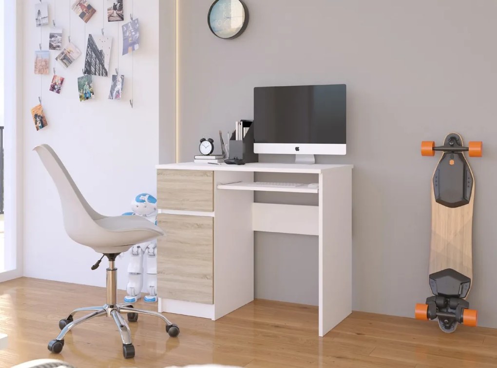 Písací stôl PIKSEL 90 cm biely/dub sonoma ľavý
