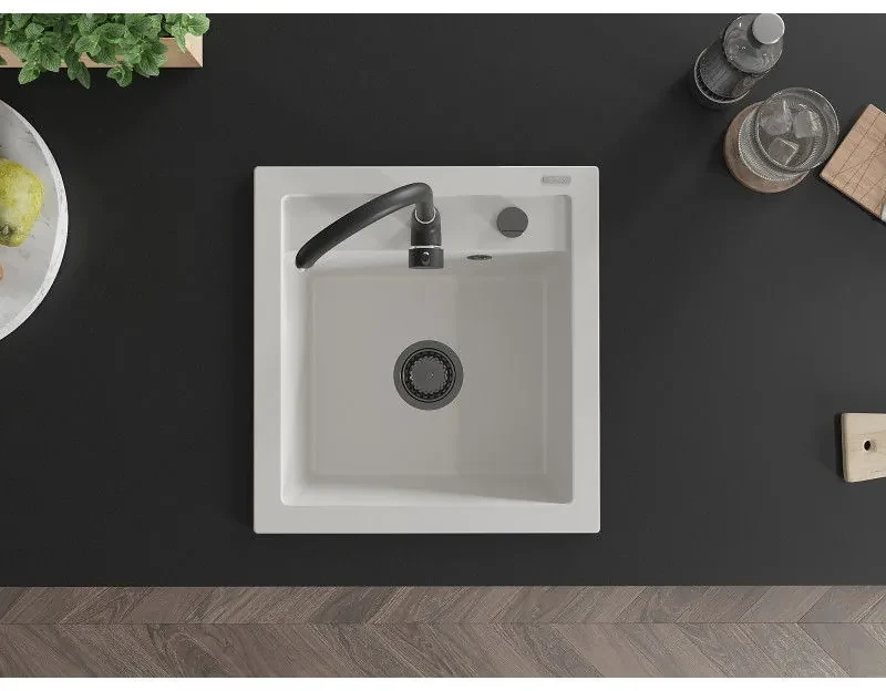 Mexen Vito, granitový drez 520x490x210 mm, 1-komorový, biela s čiernym sifónom, 6503521000-20-B