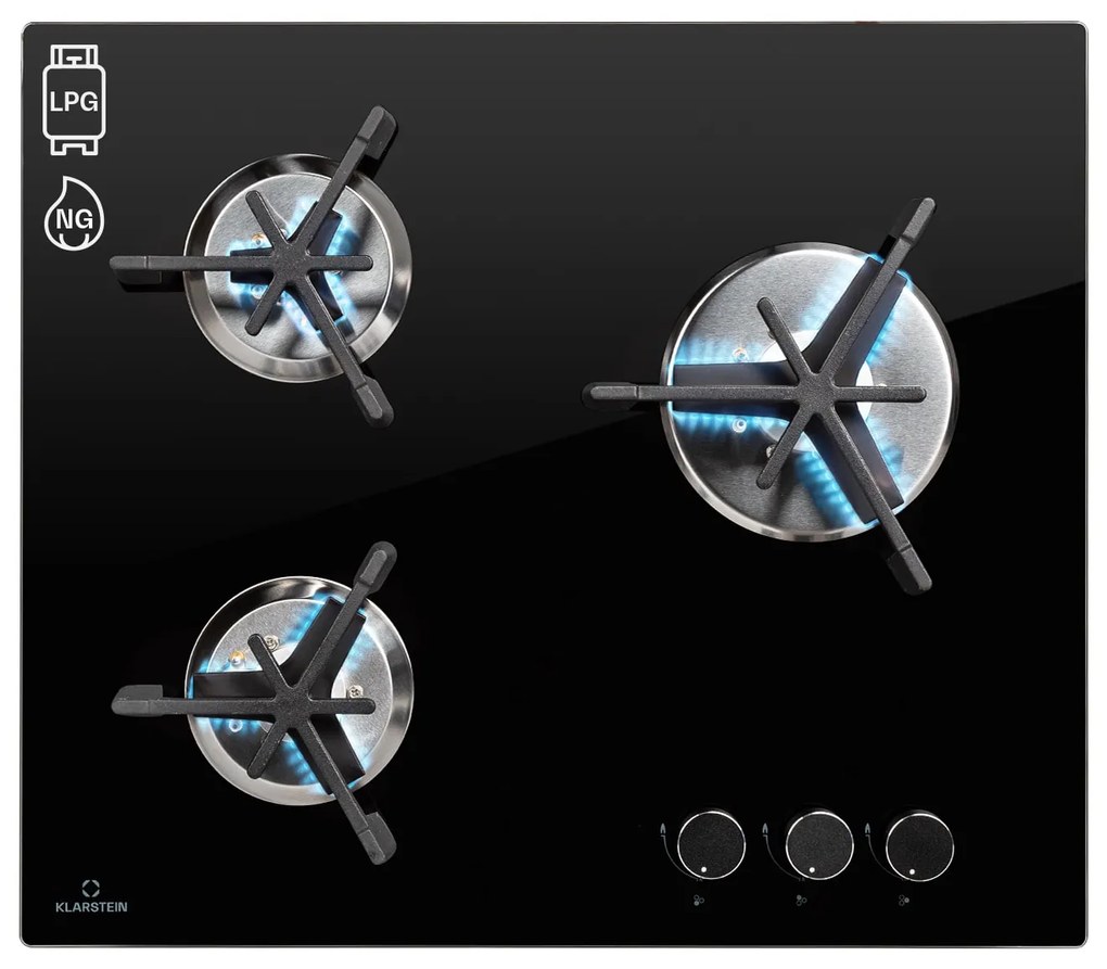 Klarstein Trifecta 3, plynová varná doska, 3 horáky, veľký, normálny a pomocný horák, sklokeramika